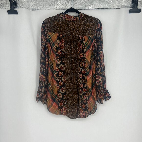 Soft Surroundings Top Button Down Shirt Mixed Print Plaid Animal Medium M Boho - Picture 7 of 9